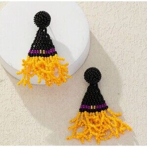 Halloween Black Witch Hat Seed Beaded Earrings